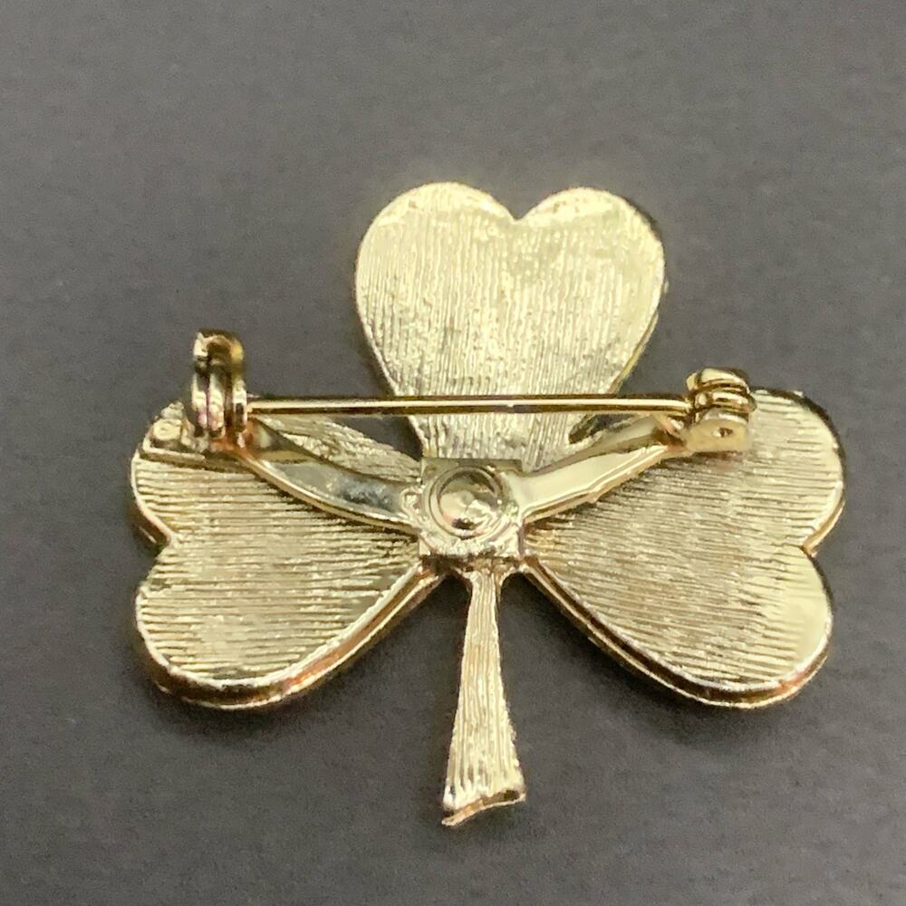 Vintage Shamrock Clover Rhinestone Brooch Pin - Picture 2 of 4